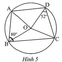 Cho tứ giác ABCD nội tiếp đường tròn (O) có góc ABC = 80 và CDO = 52 (Hình 5).   (ảnh 1)