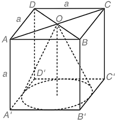 Cho hình lập phương ABCD.A'B'C'D' cạnh a. Tính thể tích hình nón có đỉnh là tâm O của hình vuông ABCD và đáy là hình tròn nội tiếp hình vuông A'B'C'D'. (ảnh 1)