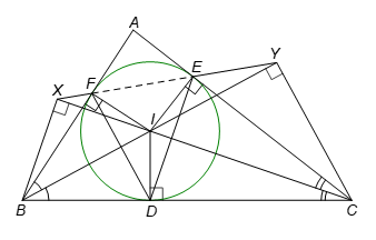 Cho tam giác ABC (AB < AC) ngoại tiếp đường tròn (I) với các tiếp điểm trên BC, CA, AB lần lượt là D, E, F. Gọi X và Y lần lượt là chân đường cao kẻ từ B và C xuống CI và BI. Chứng minh rằng: (ảnh 1)