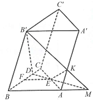 Cho lăng trụ tam giác \[ABC.A'B'C'\], trên đường thẳng \[BA\] lấy điểm \[M\] sao cho \[A\] nằm giữa \[B\] và \[M\], \(MA = \frac{1}{2}AB,\,\,E\) là trung điểm \[AC.\] Gọi \(D = BC \cap \left( {MB'E} \right)\). Tỉ số \(\frac{{BD}}{{CD}}\) bằng Đáp án: ……….  (ảnh 1)