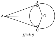 Cho AB và AC là hai tiếp tuyến tiếp xúc với đường tròn (O; R) lần lượt tại hai tiếp điểm B và C (Hình 8).  a) AB = AO. (ảnh 1)