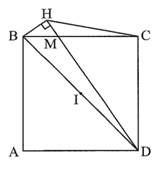 Cho hình vuông ABCD và điểm M bất kì trên cạnh BC (M khác B và C). Qua B kẻ đường thẳng vuông góc với DM tại H. Chứng minh BHCD là tứ giác nội tiếp. Xác định tâm I của đường tròn ngoại tiếp tứ giác BHCD.  (ảnh 1)