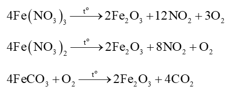 Khi nung hỗn hợp các chất \[Fe{\left( {N{O_3}} \right)_3},{\rm{ }}Fe{\left( {N{O_3}} \right)_2}\]và \[FeC{O_3}\]trong không khí đến khối lượng không đổi,  (ảnh 1)