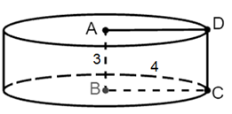 Cho hình chữ nhật ABCD có AB = 3 cm, BC = 4 cm. Quay hình chữ nhật quanh cạnh AB một vòng ta được một hình trụ. Tính diện tích xung quanh và thể tích của hình trụ tạo thành. (ảnh 1)