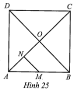 Cho hình vuông ABCD và O là giao điểm của AC và BD. Gọi M là trung điểm của AB, N là trung điểm của AO (Hình 25). Phép quay ngược chiều 90° tâm O biến các điểm N, M lần lượt thành các điểm N’, M’. (ảnh 1)