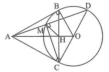 Từ điểm A nằm ngoài đường tròn (O), vẽ hai tiếp tuyến AB, AC của đường tròn (O) (B, C là các tiếp điểm). Kẻ đường kính CD của đường tròn (O), (ảnh 1)