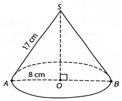 Khi cho tam giác SOA vuông tại O quay quanh cạnh SO một vòng, ta được một hình nón. Biết OA = 8 cm, SA = 17 cm. a) Tính diện tích xung quanh của hình nón. b) Tính thể tích của hình nón. (ảnh 1)