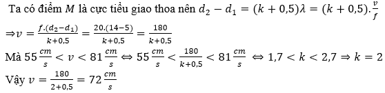 Trong thí nghiệm giao thoa sóng ở mặt chất lỏng, hai nguồn kết hợp đặt tại hai điểm A và B, dao động cùng pha theo phương thẳng đứng với tần số 20 Hz. Sóng truyền trên mặt chất lỏng có bước sóng  . Ở mặt chất lỏng, điểm M là cực tiểu giao thoa cách A và B những khoảng 5,0 cm và 14,0 cm. Biết tốc độ truyền sóng trên mặt chất lỏng có giá trị trong khoảng từ   đến  . Tốc độ truyền sóng là (ảnh 1)