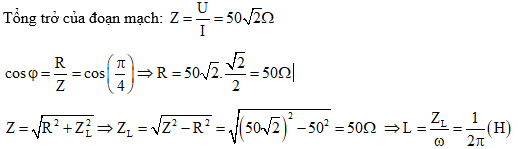 Cho một đoạn mạch gồm cuộn cảm thuần L và điện trở R mắc nối tiếp. Nếu mắc vào hai đầu đoạn mạch một điện áp xoay chiều  thì dòng điện trong mạch có biểu thức . Giá trị của R và L là (ảnh 3)
