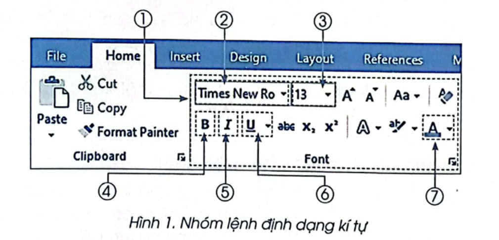 Hình 1 trình bày nhóm lệnh định dạng kí tự trong phần mềm Word. Em hãy cho biết tên nhóm lệnh và các lệnh tại vị trí đánh số. (ảnh 1)