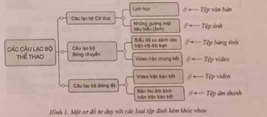 Hãy sử dụng phần mềm tạo sơ đồ tư duy để trình bày thông tin về các câu lạc bộ thể thao ở trường em. Sơ đồ tư duy cần có cả các loại tệp văn bản, ảnh, video và âm thanh đính kèm vào các ô. Có thể tham khảo một trình bày trên hình 1: (ảnh 1)