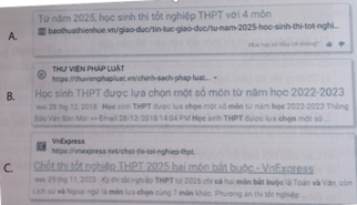 Với câu hỏi: “Có bao nhiêu môn học ở trường THPT? Môn nào bắt buộc và môn nào tự chọn?”, em tìm được một số đầu mục tin. Mục tin nào sau đây trả lời đúng yêu cầu của câu hỏi đó? (ảnh 1)