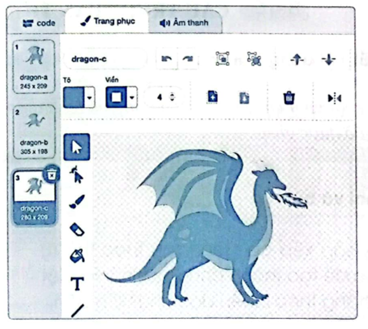 Em hãy tạo chương trình thực hiện:  a) Thêm nhân vật Dragon như hình sau và xoá trang phục dragon-c.  b) Tạo hoạt hình Dragon chạy 5 bước khi nháy chuột vào nhân vật. (ảnh 1)