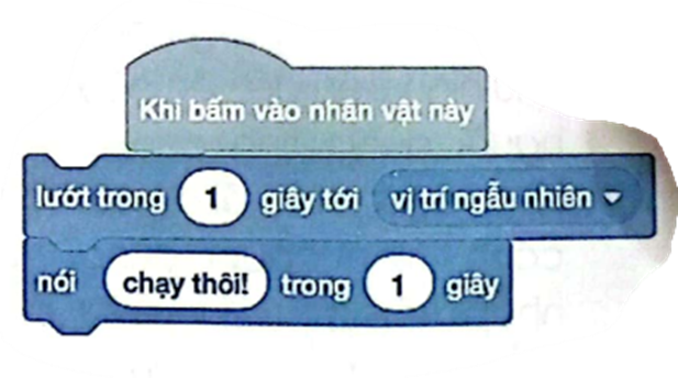 Vinh tạo chương trình như hình bên để mỗi khi nháy chuột máy tính vào nhân vật, nhân vật sẽ nói “chạy thôi!” rồi sau đó di chuyển tới vị trí khác. Tuy nhiên, chương trình của Vinh còn lỗi.     Em hãy cho biết chương trình mắc những lỗi nào trong các lỗi sau đây:  1) Các lệnh không được khép khít với nhau.  2) Các lệnh ghép sai thứ tự lệnh.  3) Chọn sai lệnh cần thực hiện.  4) Lập sai biểu thức cần tính toán. (ảnh 1)