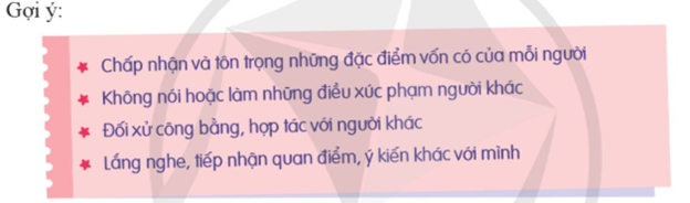 Trao đổi về tôn trọng sự khác biệt  - Chia sẻ sự khác biệt của thành viên trong tổ, lớp em.  Gợi ý:  + Sở thích tính cách. (ảnh 1)