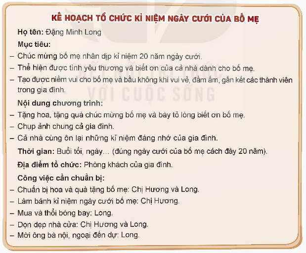 Lựa chọn một hoạt động hoặc sự kiện có ý nghĩa với gia đình em để lập kế hoạch tổ chức.  Gợi ý: (ảnh 1)