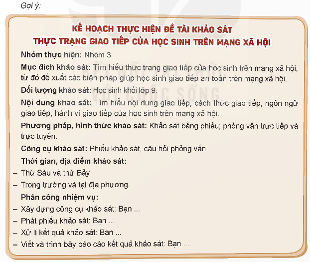 Lập kế hoạch thực hiện đề tài khảo sát thực trạng giao tiếp của học sinh trên mạng xã hội. (ảnh 1)