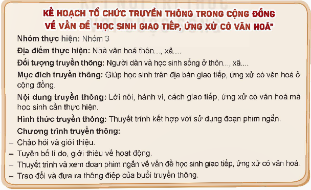 Lựa chọn một vấn đề học đường và lập kế hoạch truyền thông trong cộng đồng về vấn đề đó.  Gợi ý: (ảnh 1)