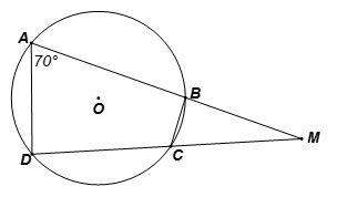 Cho tứ giác ABCD nội tiếp đường tròn (O), hai tia AB, DC cắt nhau tại M và  Khi đó số đo góc BCM là: (ảnh 1)