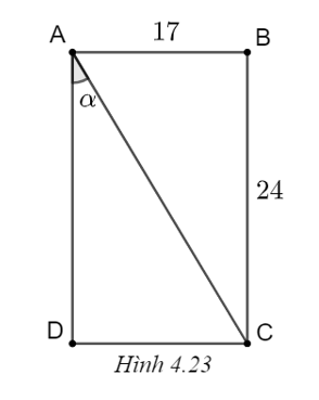 Một cuốn sách khổ 17 x 24 cm, tức là chiều rộng 17 cm, chiều dài 24 cm. Gọi α là góc giữa đường chéo và cạnh 17 cm. Tính sin α, cos α (làm tròn đến chữ số thập phân thứ hai) và tính số đo α (làm tròn đến độ). (ảnh 1)