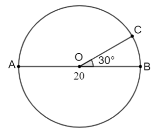 Chọn phương án đúng. Độ dài cung 30° của một đường tròn có đường kính 20 cm là A. 5,5 cm. B. 5,34 cm. C. 4,34 cm. D. 5,24 cm. (ảnh 1)