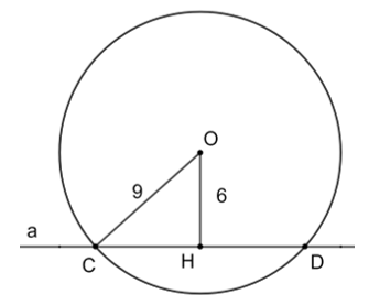 Chọn phương án đúng. Cho đường thẳng a và một điểm O cách a một khoảng bằng 6 cm. Khẳng định nào sau đây là đúng về vị trí tương đối của a và đường tròn (O; 9 cm)? A. Đường thẳng a cắt đường tròn (O) tại hai điểm. B. Đường thẳng a tiếp xúc với đường tròn (O). C. Đường thẳng a và đường tròn (O) không có điểm chung. D. Đường thẳng a và đường tròn (O) có duy nhất điểm chung. (ảnh 1)