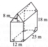 Hình bên là hình biểu diễn của vật thể ghép bởi khối hộp chữ nhật với ba kích thước 12 m, \và khối lăng trụ tam giác có một chiều cao của mặt đáy là 8 m. \ (ảnh 1)