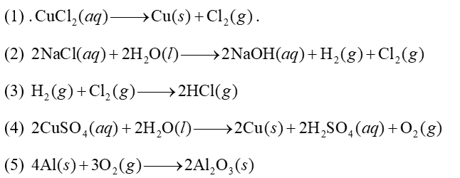 Cho các phản ứng sau: (1) . . (2)   (3)   (4)   (5)   Số phản ứng xảy ra trong bình điện phân là 	A. 3.	B. 4.	C. 5.	D. 2. (ảnh 1)