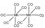 Phức chất \(\left[ {{\rm{M}}{{\rm{n}}_2}{{({\rm{CO}})}_{10}}} \right.]\) có cấu tạo như hình bên. Số nguyên tử trung tâm trong phức chất là (ảnh 1)