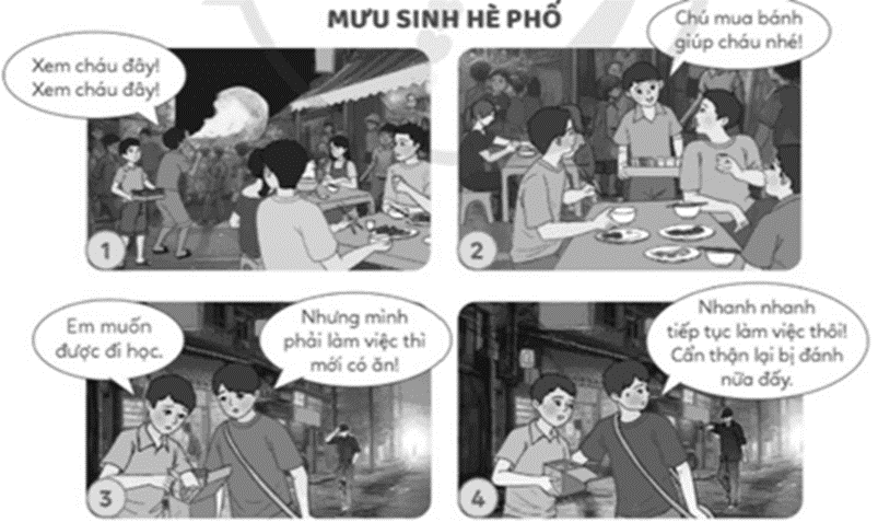 Em hãy đánh số thứ tự các tranh theo trình tự câu chuyện Mưu sinh hè phố và kể lại câu chuyện. (ảnh 2)