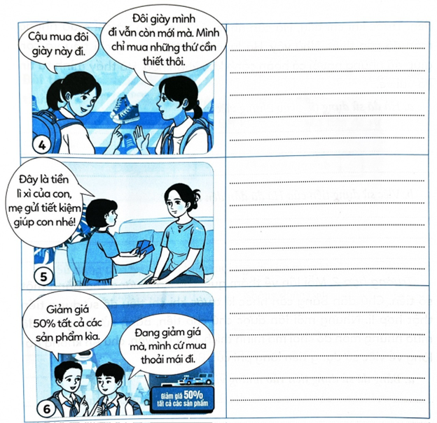 Em hãy quan sát tranh và trả lời các câu hỏi dưới đây:  a. Em hãy nêu các biểu hiện sử dụng tiền hợp lí trong các tranh  b. Hãy kể thêm các biểu hiện sử dụng tiền hợp lí khác mà em biết. (ảnh 2)