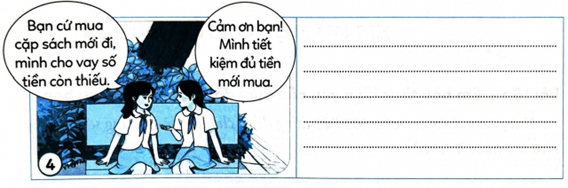 Em hãy quan sát tranh và thực hiện các yêu cầu dưới đây:  a. Em hãy nêu các cách sử dụng tiền hợp lí trong mỗi bức tranh.  b. Hãy nêu thêm các cách sử dụng tiền hợp lí khác mà em biết. (ảnh 2)