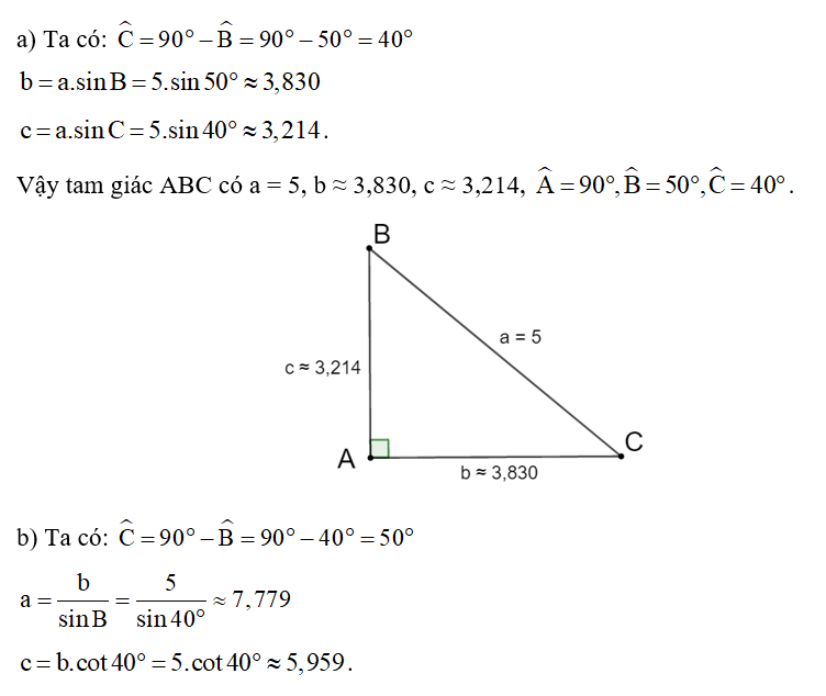 Giải tam giác ABC vuông tại A, với AB = c, BC = a, CA = b trong các trường hợp (ảnh 1)