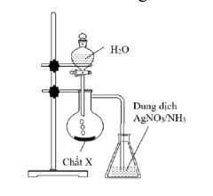 Thực hiện thí nghiệm như hình vẽ bên. Kết thúc thí nghiệm, trong bình đựng dung dịch AgNO3 trong NH3 xuất hiện kết tủa màu vàng nhạt.   Chất X là A. CaO.	B. Al4C3.	C. CaC2.	D. Ca. (ảnh 1)