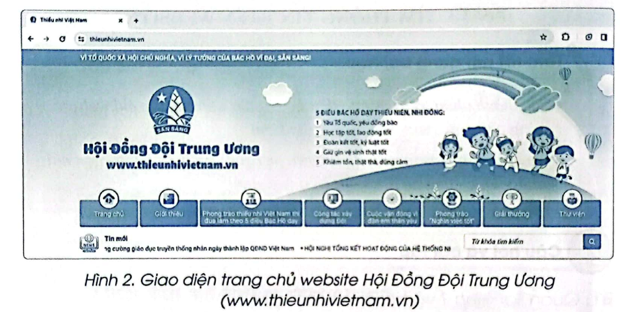    1) Trên giao diện trang chủ website Hội Đồng Đội Trung Ương (Hình 2) có những thành phần chính nào?  2) Hãy khoanh vào những thành phần chính của website.  3) Hãy chỉ ra công cụ tìm kiếm trong hình. (ảnh 1)