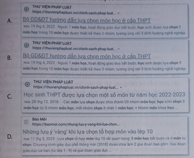 Trong những mục tin tìm được theo câu hỏi: “Chọn môn học ở trường THPT như thế nào?”, mục tin nào sau đây có tính mới cao nhất? (ảnh 1)