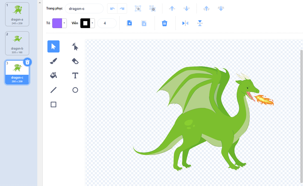 Em hãy tạo chương trình thực hiện:  a) Thêm nhân vật Dragon như hình sau và xoá trang phục dragon-c.  b) Tạo hoạt hình Dragon chạy 5 bước khi nháy chuột vào nhân vật. (ảnh 2)