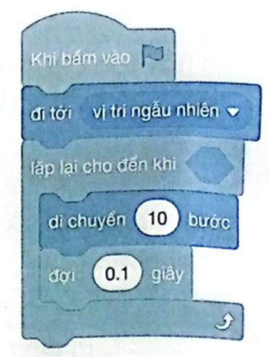 Huyền tạo chương trình để nhân vật di chuyển từ một vị trí ngẫu nhiên tới khi chạm cạnh của vùng Sân khấu thì dừng lại như hình bên. Tuy nhiên, Huyền quên chưa chọn điều kiện dừng lặp. Em hãy giúp Huyền chọn điều kiện dừng lặp phù hợp. (ảnh 1)