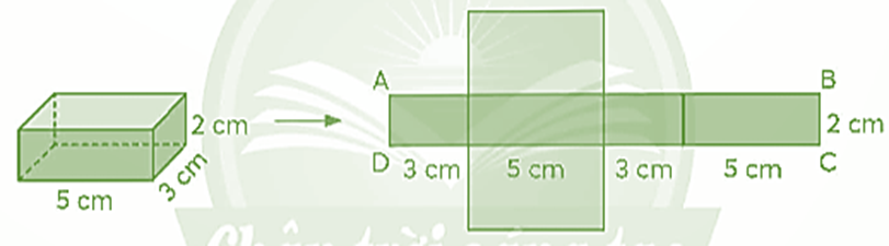 Diện tích xung quanh  Ví dụ: Tính diện tích xung quanh của hình hộp chữ nhật có chiều dài 5 cm, chiều rộng 3 cm và chiều cao 2 cm. (ảnh 2)