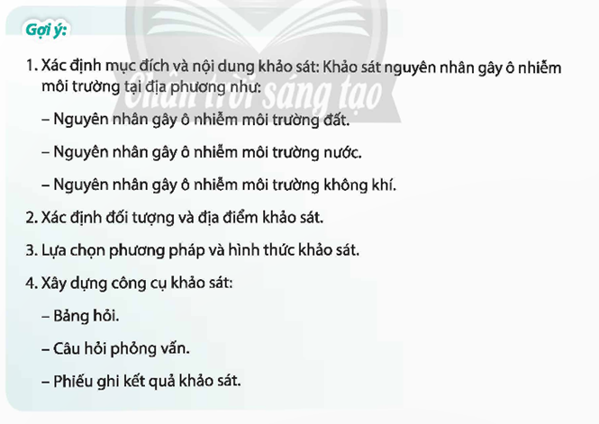 Thảo luận cách thực hiện đề tài khảo sát về nguyên nhân gây ô nhiễm môi trường tại địa phương. (ảnh 1)