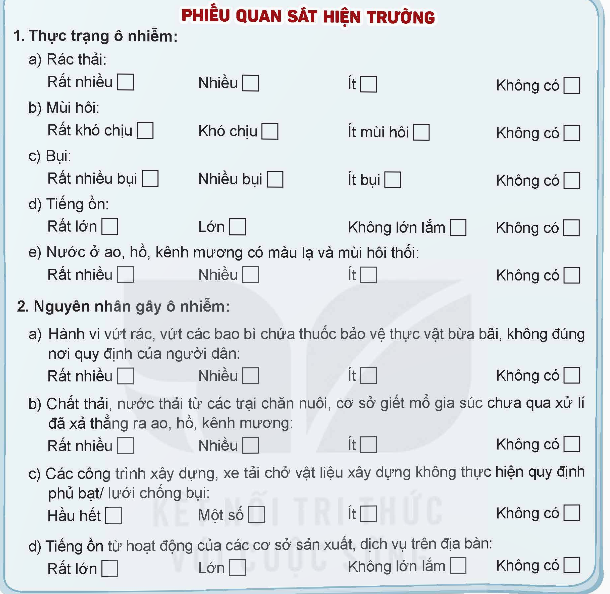 Thiết kế công cụ khảo sát về nguyên nhân gây ô nhiễm môi trường tại địa bàn sinh sống cho đề tài đã lựa chọn. (ảnh 1)