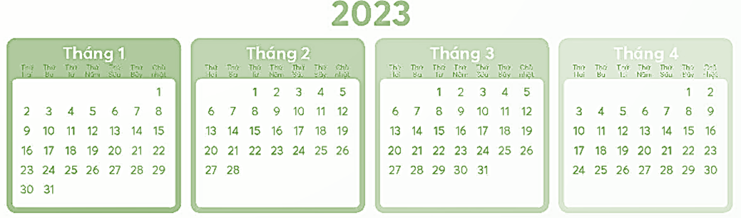 Quan sát hình ảnh lịch bốn tháng đầu năm  2023 trong SGK, viết vào chỗ chấm. (ảnh 1)