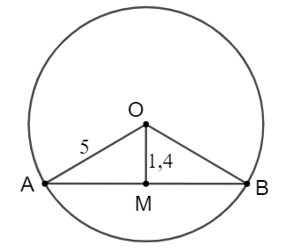 Chọn phương án đúng. Cho đường tròn (O; R) và điểm M nằm trong đường tròn (O). Kẻ dây AB của đường tròn (O) nhận M làm trung điểm. Biết R = 5 cm và OM = 1,4 cm. Độ dài dây AB là A. 9,5 cm. B. 9,6 cm. C. 9,8 cm. D. 9 cm. (ảnh 1)