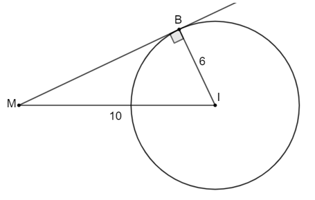 Chọn phương án đúng. Cho một điểm M nằm ngoài đường tròn (I; 6 cm), vẽ tiếp tuyến MB đến đường tròn đó (B là tiếp điểm). Nếu MI = 10 cm thì độ dài MB bằng A. 6 cm. B. 8 cm. C. 7 cm. D. 10 cm. (ảnh 1)