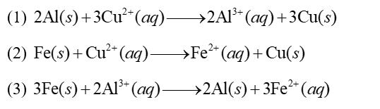 Cho biết: \({\rm{E}}_{{{\rm{A}}^3}/{\rm{Al}}}^0 =  - 1,676\;{\rm{V}};{\rm{E}}_{{\rm{F}}{{\rm{e}}^{2 + }}/{\rm{Fe}}}^0 =  - 0,440\;{\rm{V}};{\rm{E}}_{{\rm{C}}{{\rm{u}}^{2 + }}/{\rm{Cu}}}^0 =  + 0,340\;{\rm{V}}.\) Cho các phản ứng sau:  Ở điều kiện chuẩn, phương trình hoá học nào sau đây đúng? 	A. (1) và (2).	B. (1).	C. (1), (2) và (3).	D. (2). (ảnh 1)