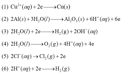 Cho các quá trình sau: (1)   (2)   (3)   (4)   (5)   (6)   Những quá trình xảy ra tại cathode trong quá trình điện phân là 	A. (2), (4), (6).	B. (2), (4), (5).	C. (2), (3), (5).	D. (1), (3), (6). (ảnh 1)