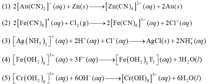 Cho các phản ứng sau: (1)   (2)   (3)   (4)   (5)   Số phản ứng xảy ra sự thay thế phối tử là (ảnh 1)