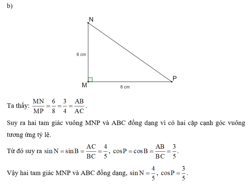 a) Vẽ tam giác ABC vuông tại A, AB = 3 cm, AC = 4 cm. Tính BC, sin B, cos B. (ảnh 2)