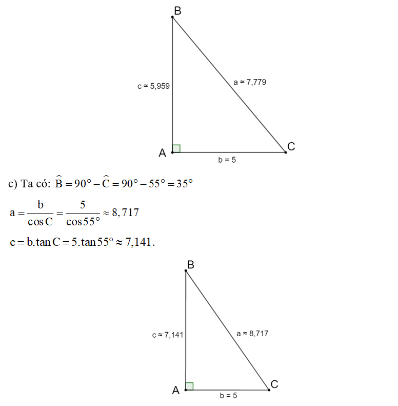 Giải tam giác ABC vuông tại A, với AB = c, BC = a, CA = b trong các trường hợp (ảnh 2)