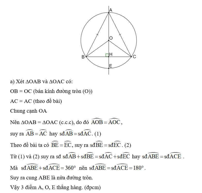 Cho tam giác cân ABC (AB = AC). Gọi (O) là đường tròn đi qua ba điểm A, B, C và (ảnh 1)